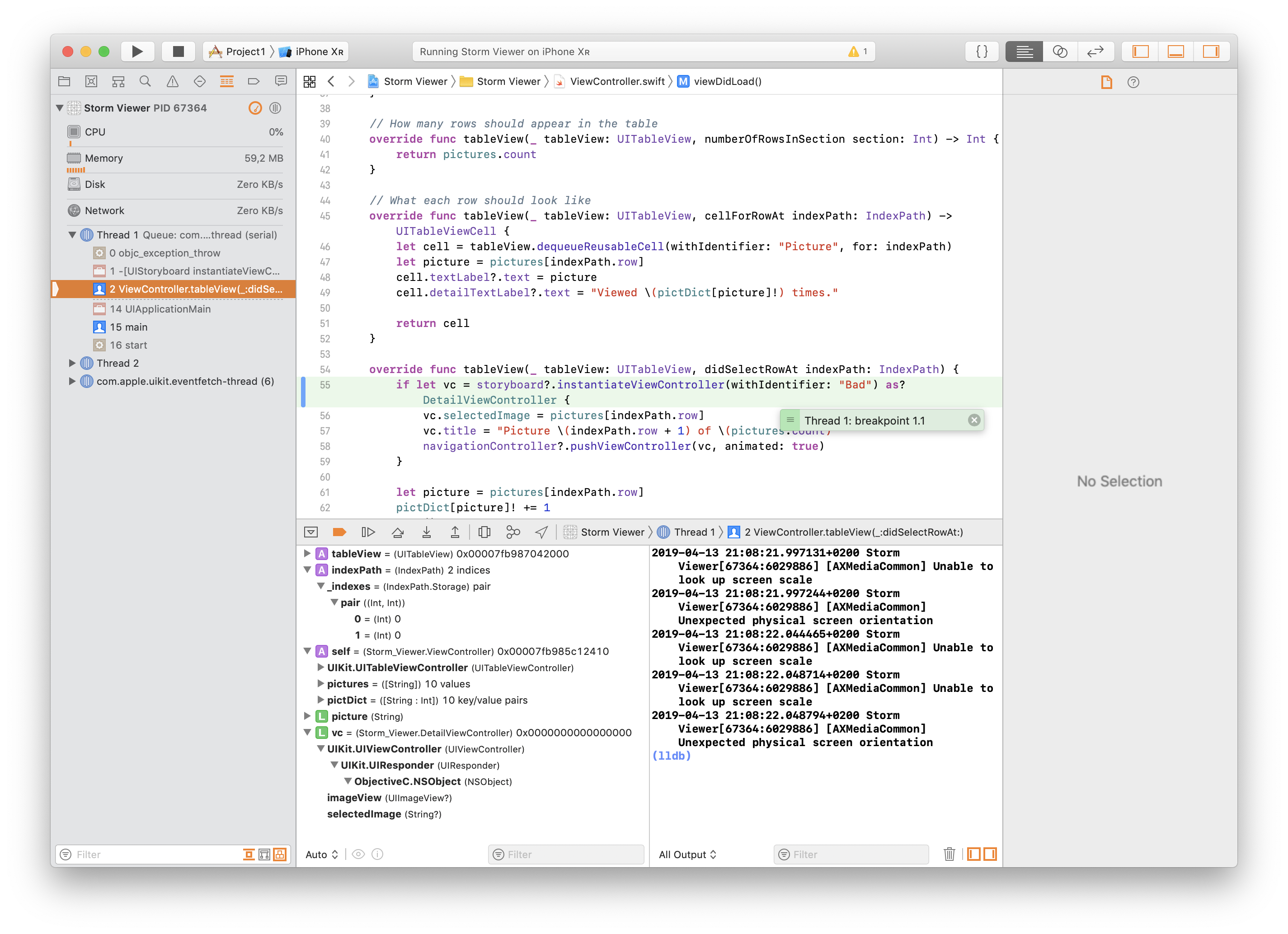 Example of an exception breakpoint result.
