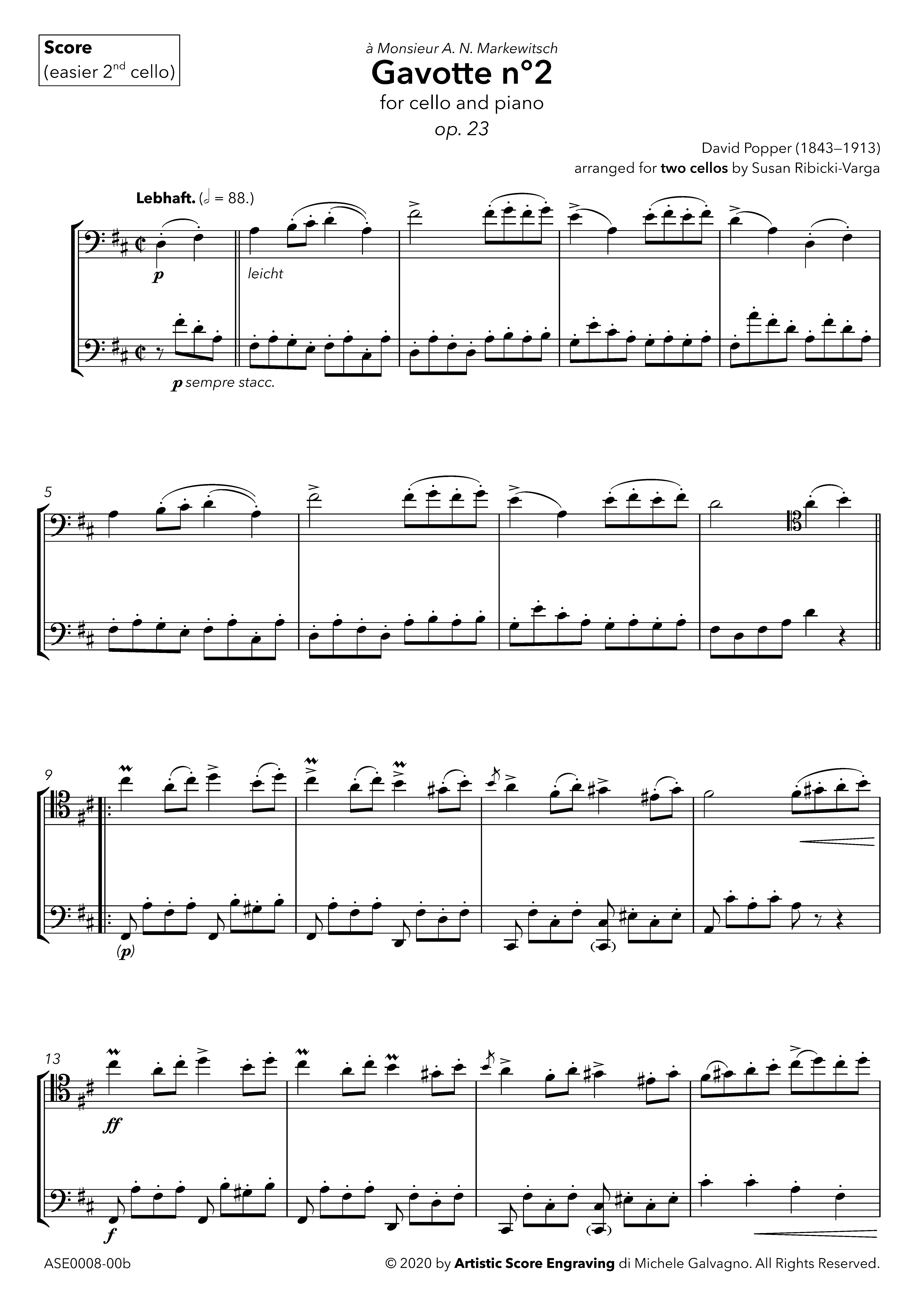 First page of the score for two cellos, with the easier second cello part.