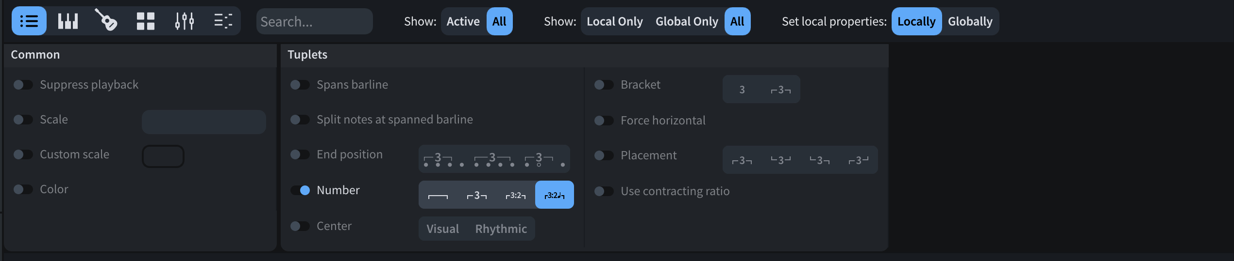 The Properties panel for a selected tuplet in Write mode