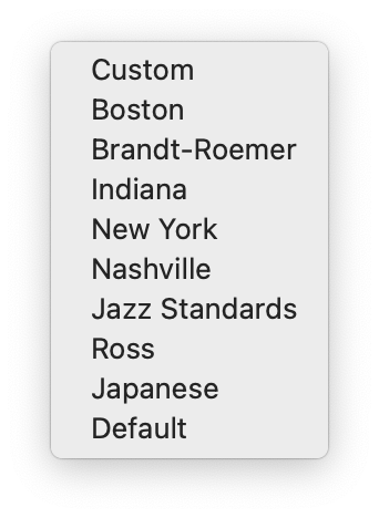 Chord symbol presets dropdown menu