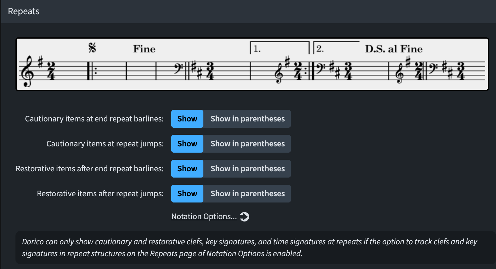 Notice the handy link to open the Notation Options dialogue. 