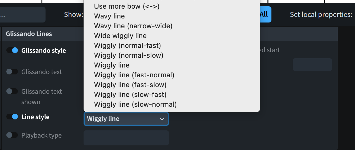 The dropdown menu shows all available line styles.
